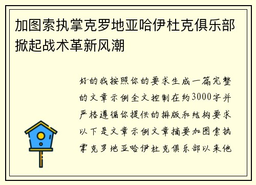 加图索执掌克罗地亚哈伊杜克俱乐部掀起战术革新风潮